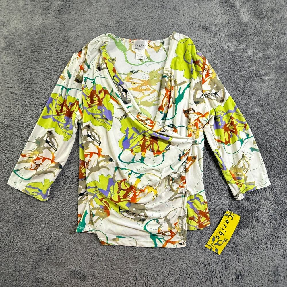 VTG Caribe USA L Womens Abstract Floral Long Sleeve Top Colorful Art Print NWT